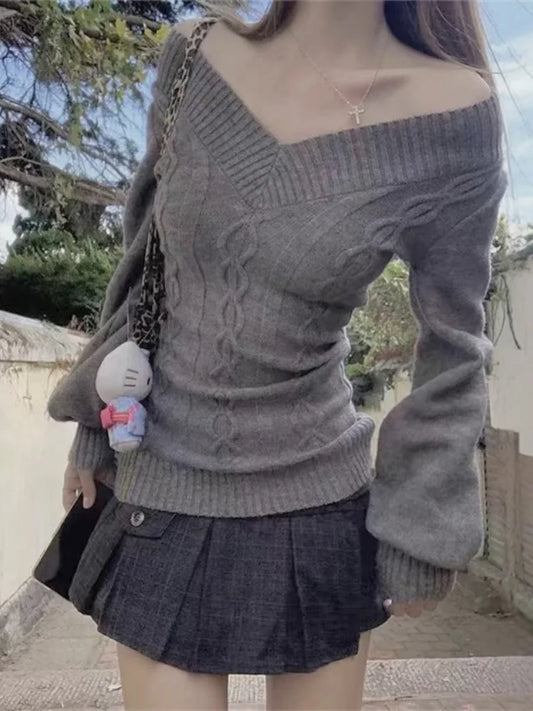 Fashion Vintage Solid V-neck Knitted Sweater Women Sexy Slim Up Long Sleeve Off Shoulder Pullovers 2026 Autumn Winter Streetwear