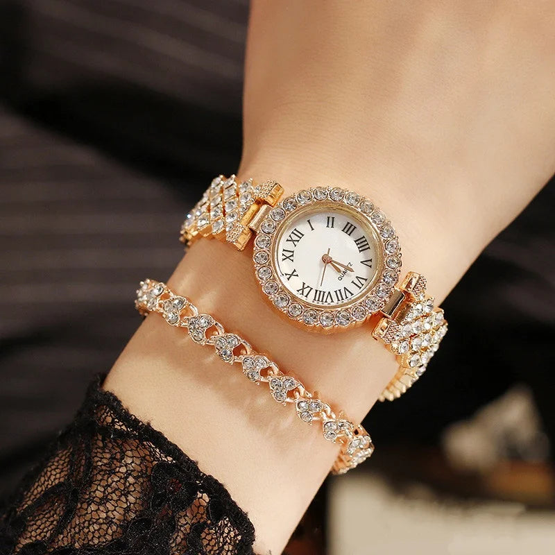 2PCS/Set Women's Watch Fashion Rhinestone Roma Dial Quartz Watches Stainless Steel Band Wrist Watch Bracelet Set
