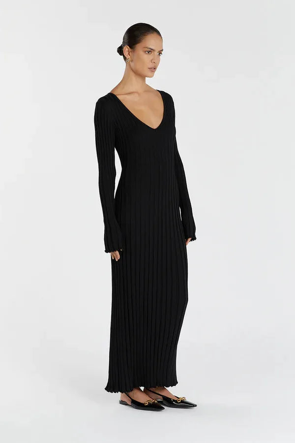 Vintage Lace-Up Female Knit Maxi Dress Elegant High Waist Patchwork Long Sleeve Loose Solid Dress Bodycon Knitwear Basic Dresses