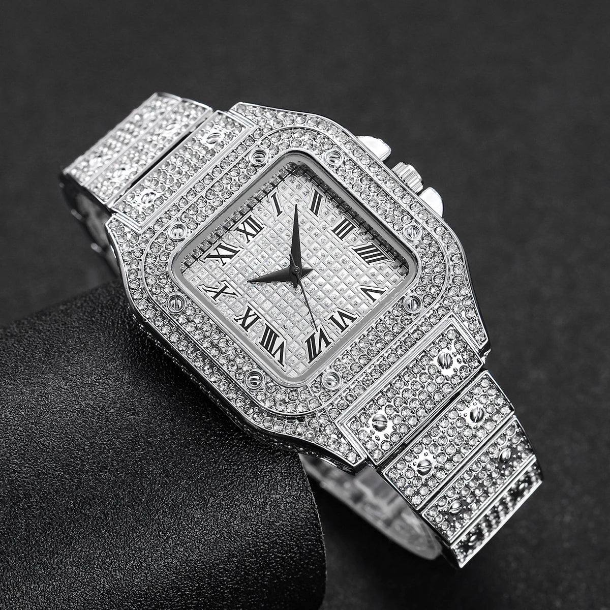 4PCS Fashion Iced Out Square Men Watch Cuban Chain Bracelet Necklaces Set Luxury Diamond Quartz Wristwatch Jewelry（Without Box）