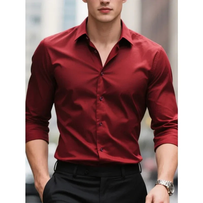 2025 Men's Shirt Brand New Solid Color Long Sleeve Smart Casual Four Season Elastic Male Business Shirts