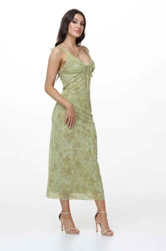 Elegant Summer Print Floral Dress Women V-neck Slim Ruffles Sleeveless Backless Long Dresses 2026 Beach Vacation Lady Vestidos