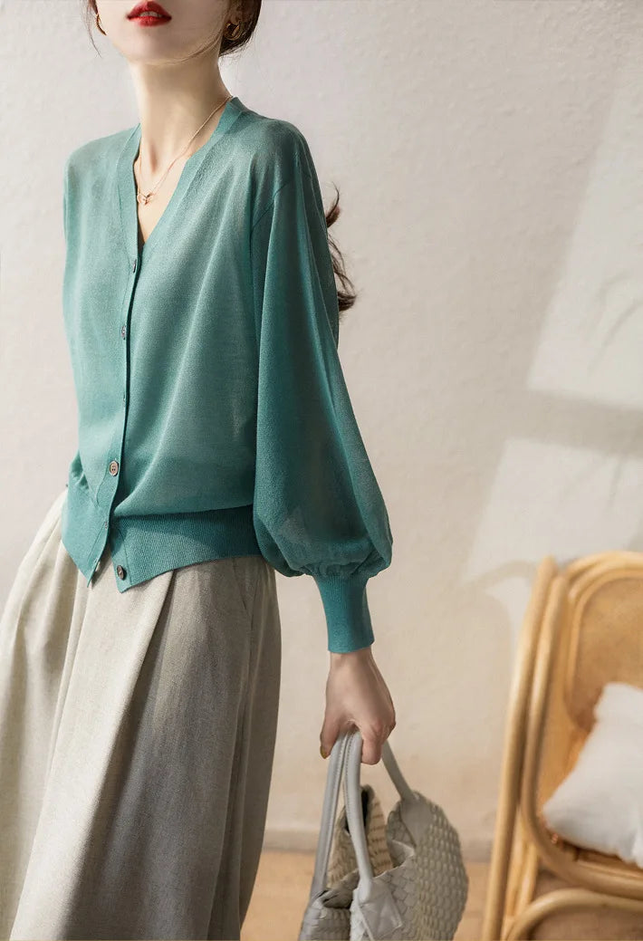 Women Elegant V Neck Single Breasted Thin Sun-proof Cardigan Elegant Korean Knit Simple Solid Sheer Tops Summer Casual Outwear