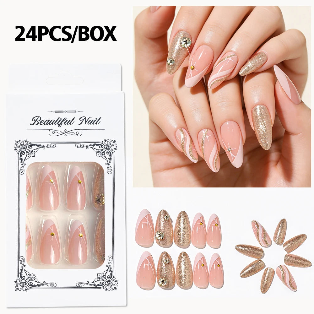 24pcs Glitter Medium Almond Full Cover Fake Nails Golden Irregular Line French False Nails with Diamond Design Press on Nails