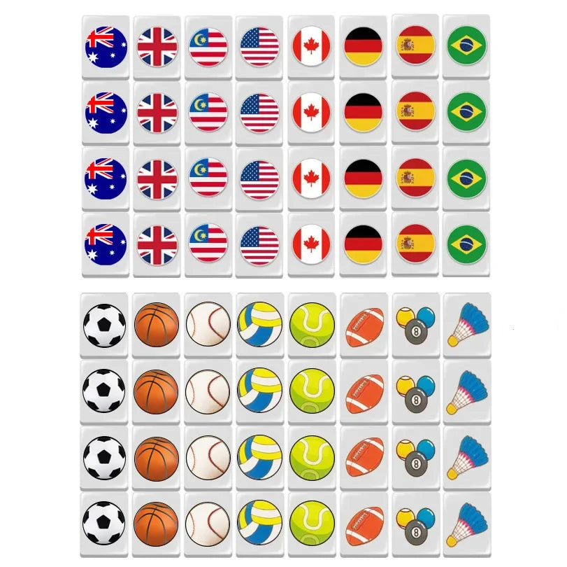 64Pcs Seaside Escape Mahjong Tile Game with Pattern of Flag Ball Funny Parent Child Party Game Children Toy Gift ﻿