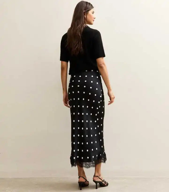 Elegant Polka Dot Skirt For Women Casual High Waist Satin Silk Patchwork Lace Midi Skirts 2026 Y2k Vintage Female Streetwear