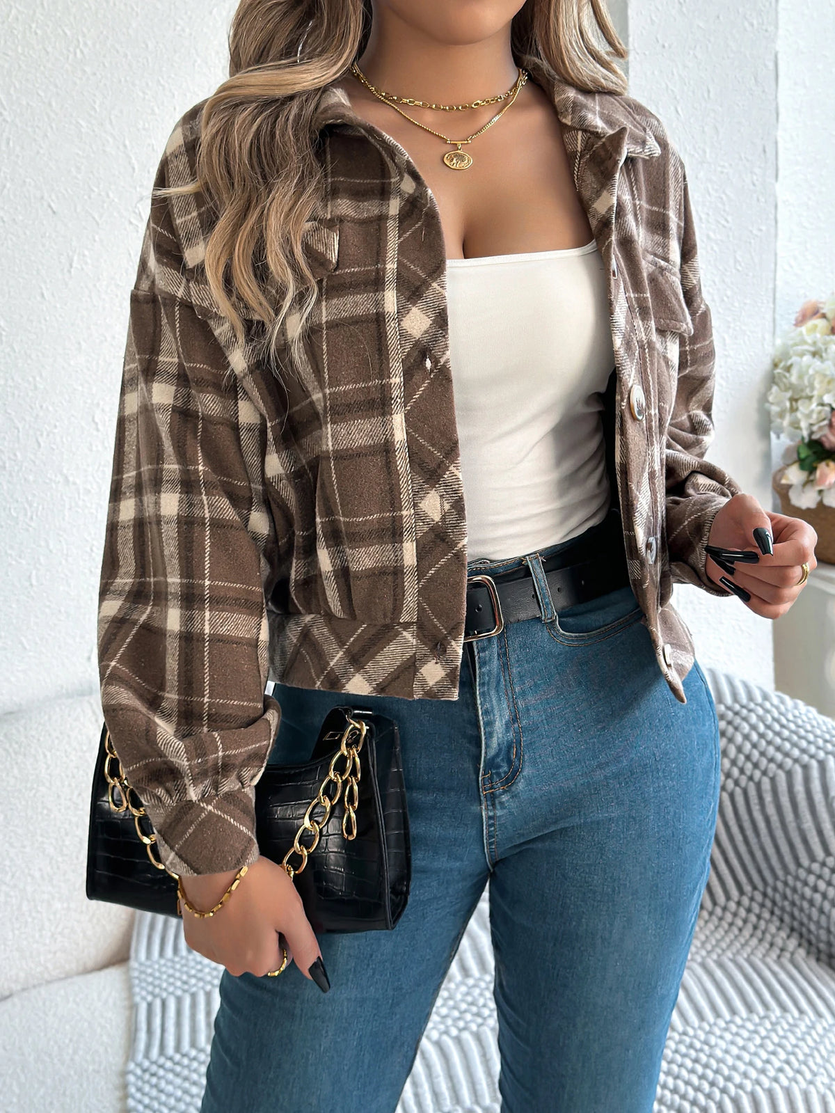 Autumn Winter Casual Plaid Cropped Jacket Lapel Lantern Long Sleeve Single Breasted Woolen Jacket 2026 Fashion Women Clothes
