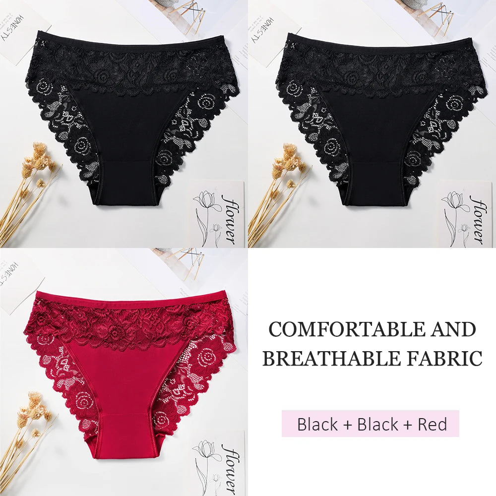 3PCS Women's Panties Sexy Hollow Out Flower Lace Cotton Splicing Briefs Comfort Lingerie Breathable Underpants Daily Wear