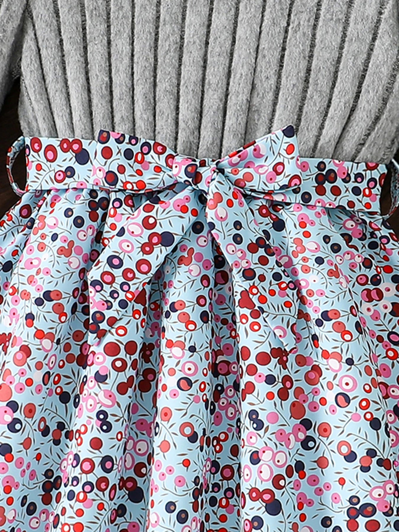 Spring and Autumn Girls' Simple Casual Versatile Knitted Round Neck Long-Sleeved Floral Dress Girls' Daily Casual Dress