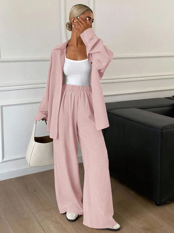 2026 New Women Linen Two Piece Outfit Set Lapel Long Sleeve Button Shirts Elastic Waist Wide Leg Pants Casual Loose Home Suit