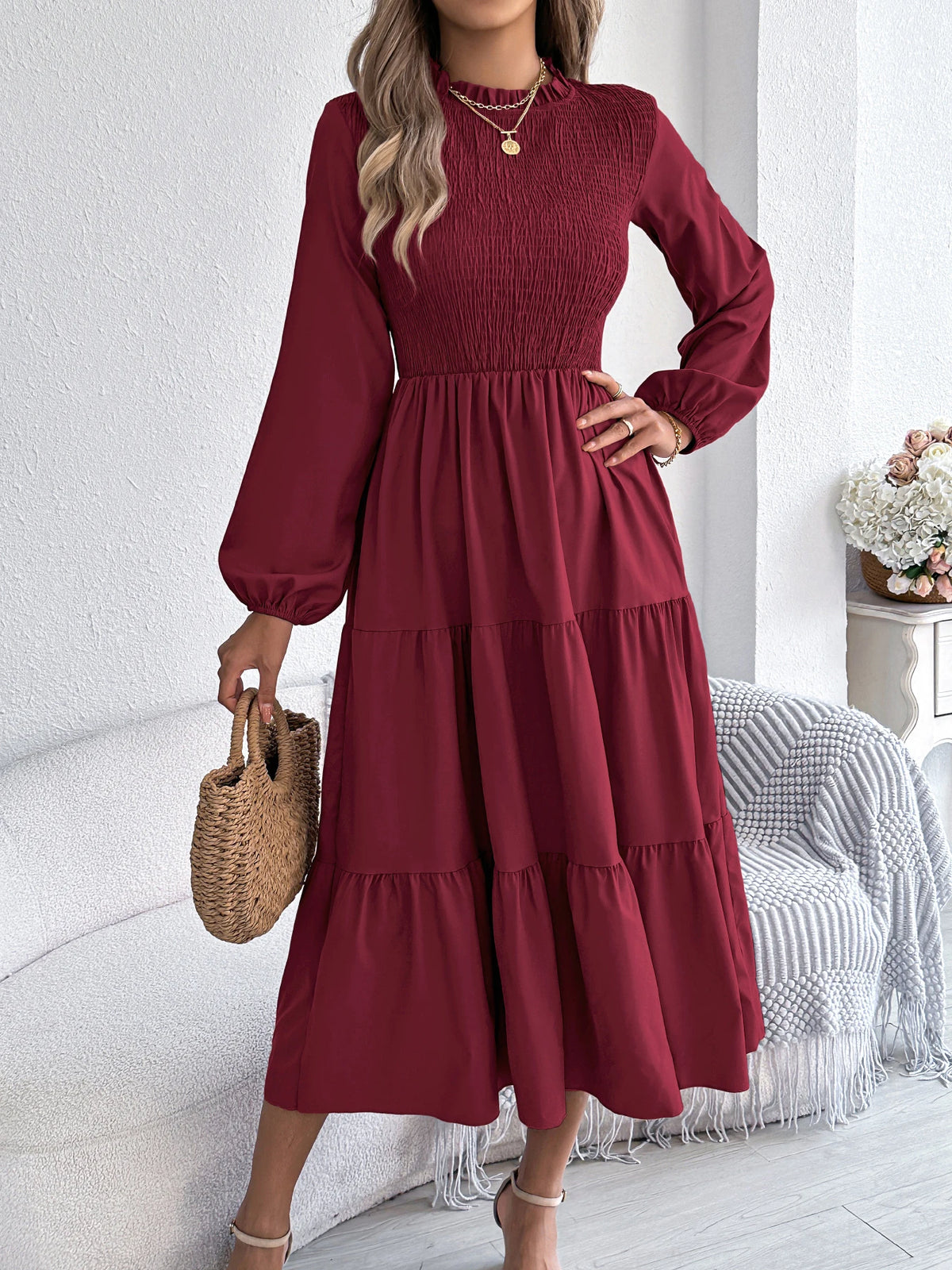 Autumn Winter Elegant Dress for Women Solid Color Round Neck Lantern Long Sleeve Ruffled Dresses Khaki Green Red Woman Clothing