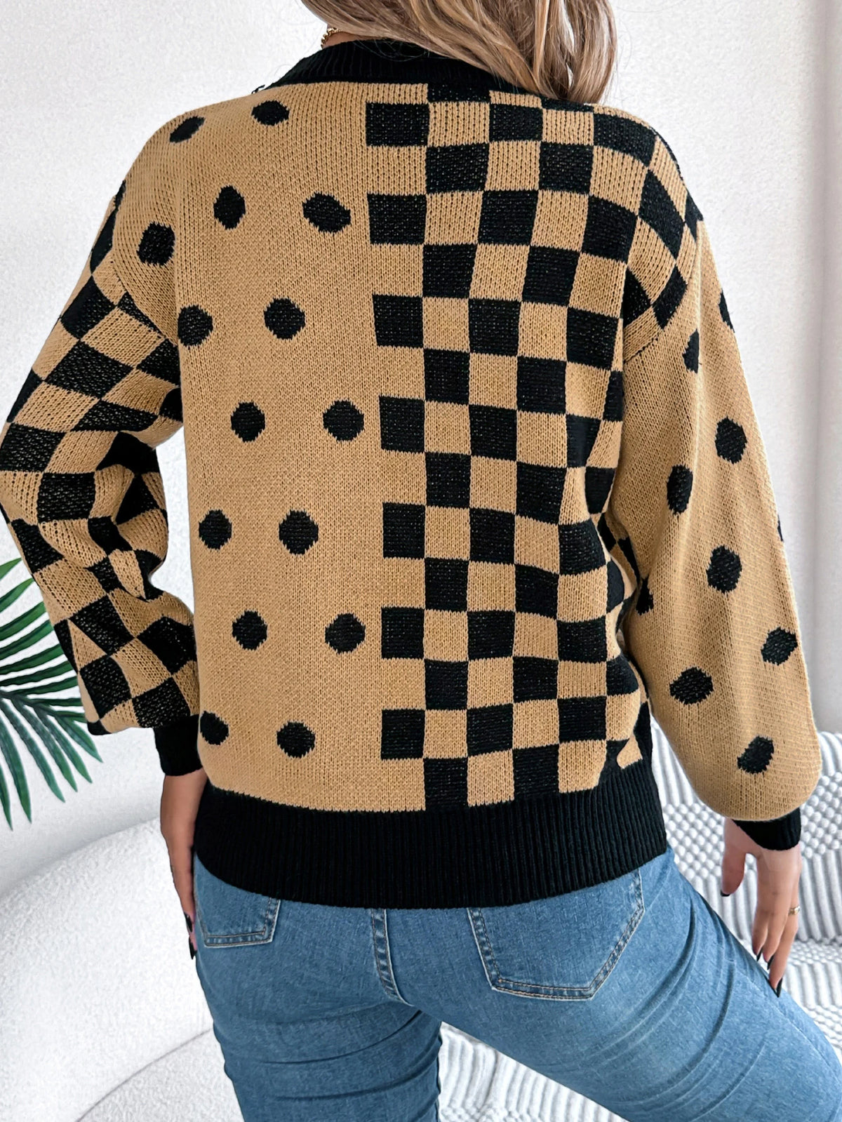  Autumn Winter Casual Contrasting Grid Dot Long Sleeve Knitted Pullover Fashion New Year and Christmas Sweater Women Clothes