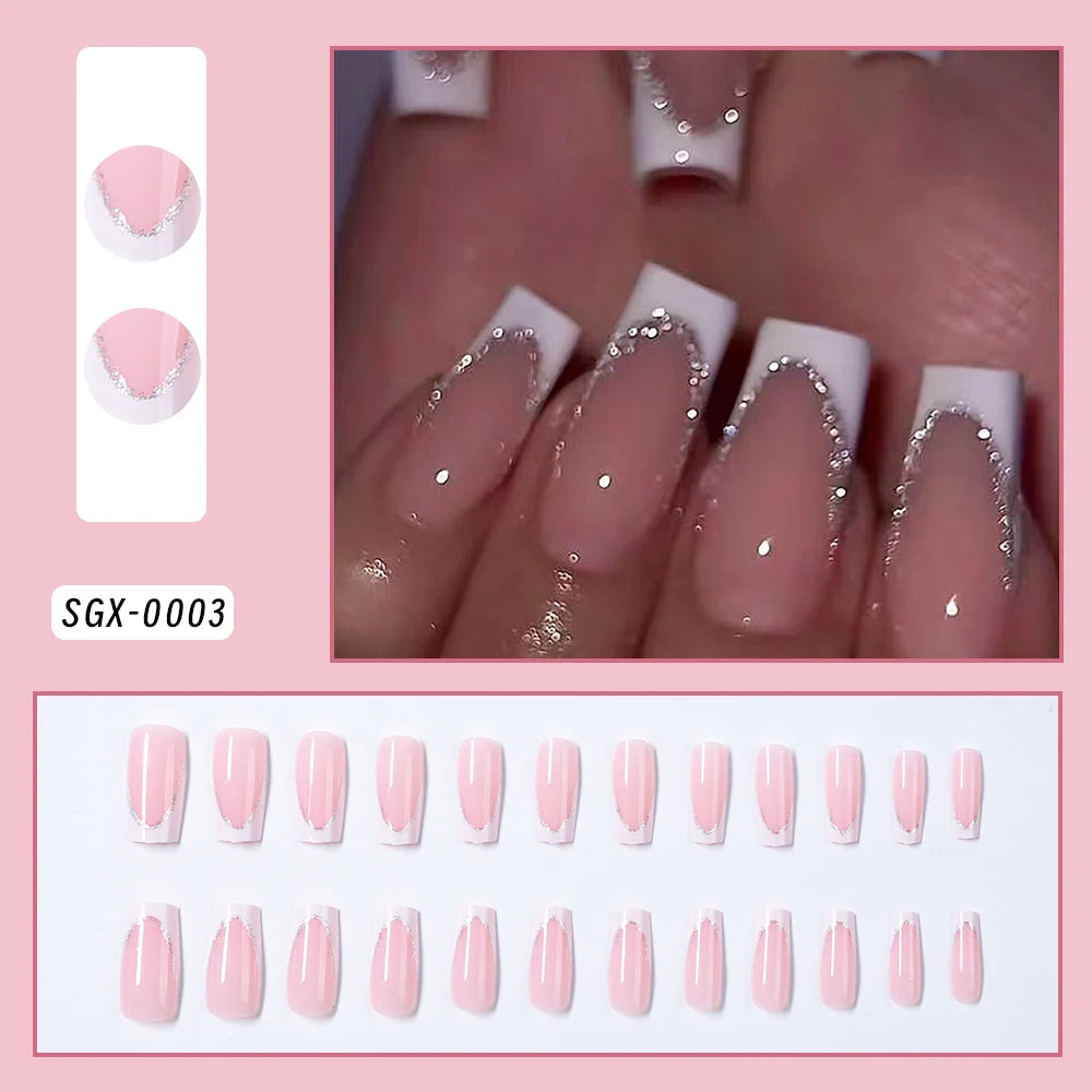 24pc Short Square French Fake Nails with Pearl Bow Acrylic Pink False Nail Wearable Press on Nails Full Cover Nail Tips