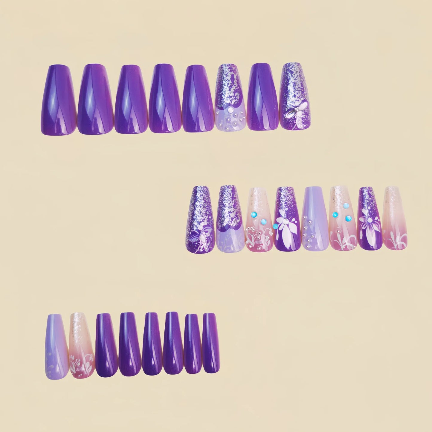 Medium long fake nails gradient purple blue colors with rhinestones design full cover reusable ABS press on Artificial nail
