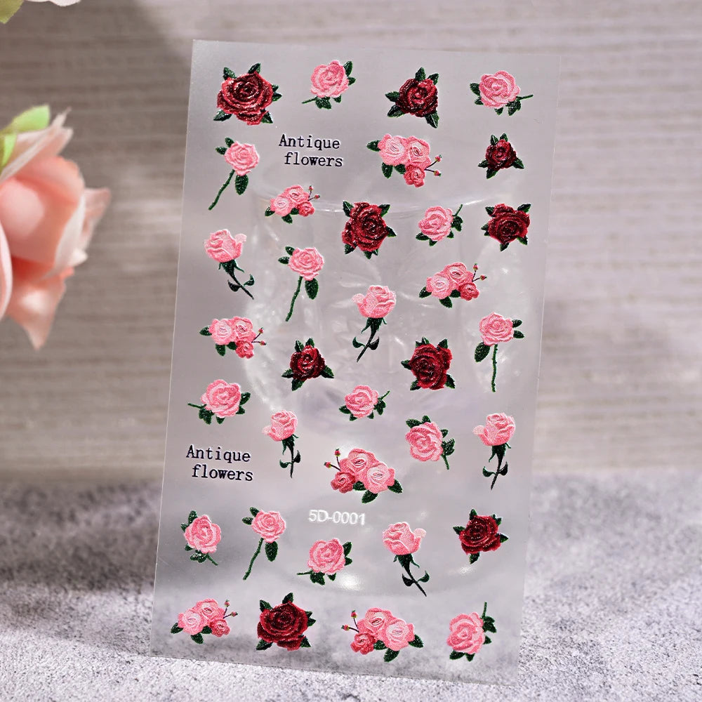 1Pc 5D Embossed Lavender Flower Nail Sticker Spring Floral Leaves Self-Adhesive Sliders Rose Heart Decals Manicure Decoration