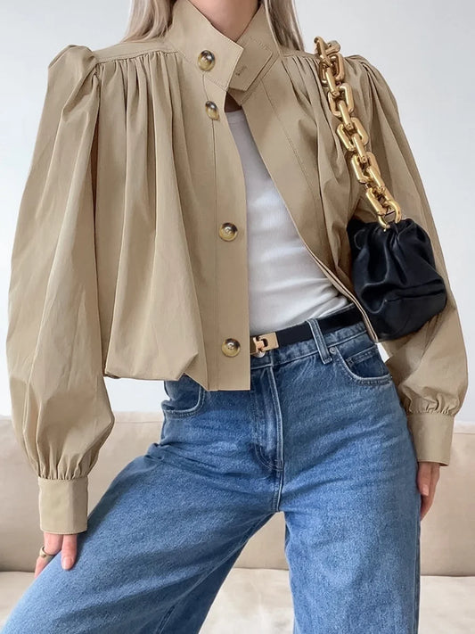 Women Casual Solid Short Bomber Jackets Chic Pleated Long Puff Sleeve Loose Fit Stand Collar Coats Female Autumn Winter Outwear