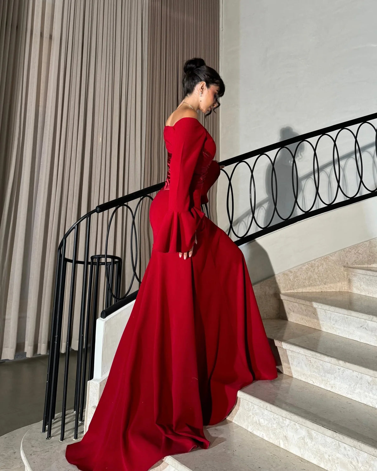 BKLD Red Dress 2026 Spring Women Clothing Sexy Off The Shoulder Flare Sleeve Fashion Splicing Folded Evening Dress Party