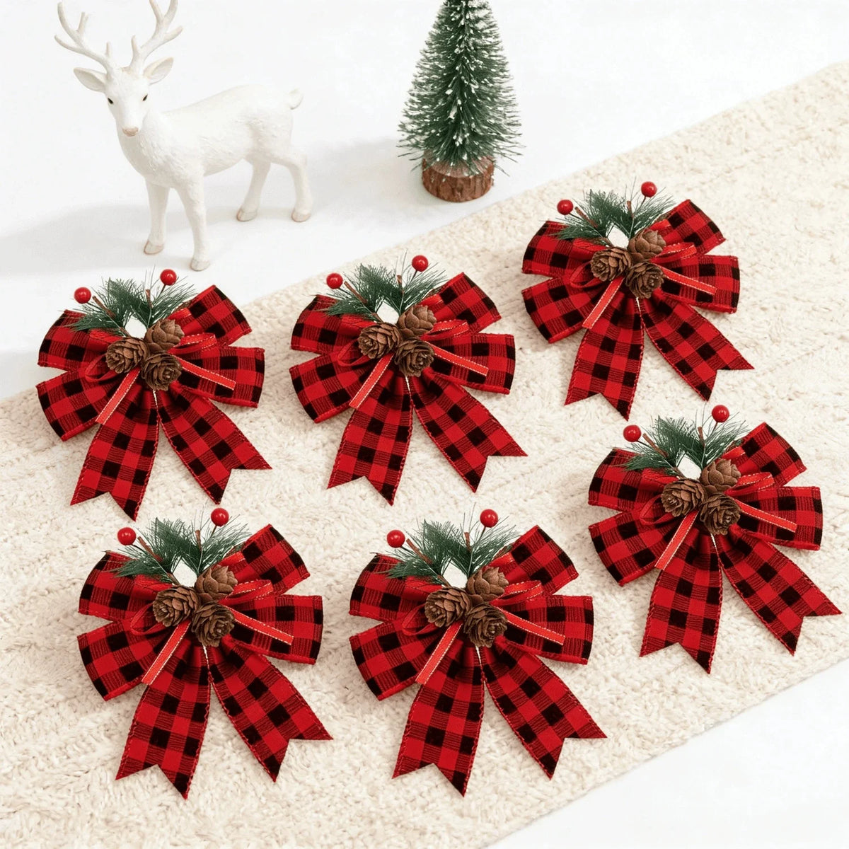 ChristmasBows Buffalo Plaid Checkered Ribbon Bow with Pine Cone Christmas Tree Decoration for Xmas Parties Trees Indoor Crafts