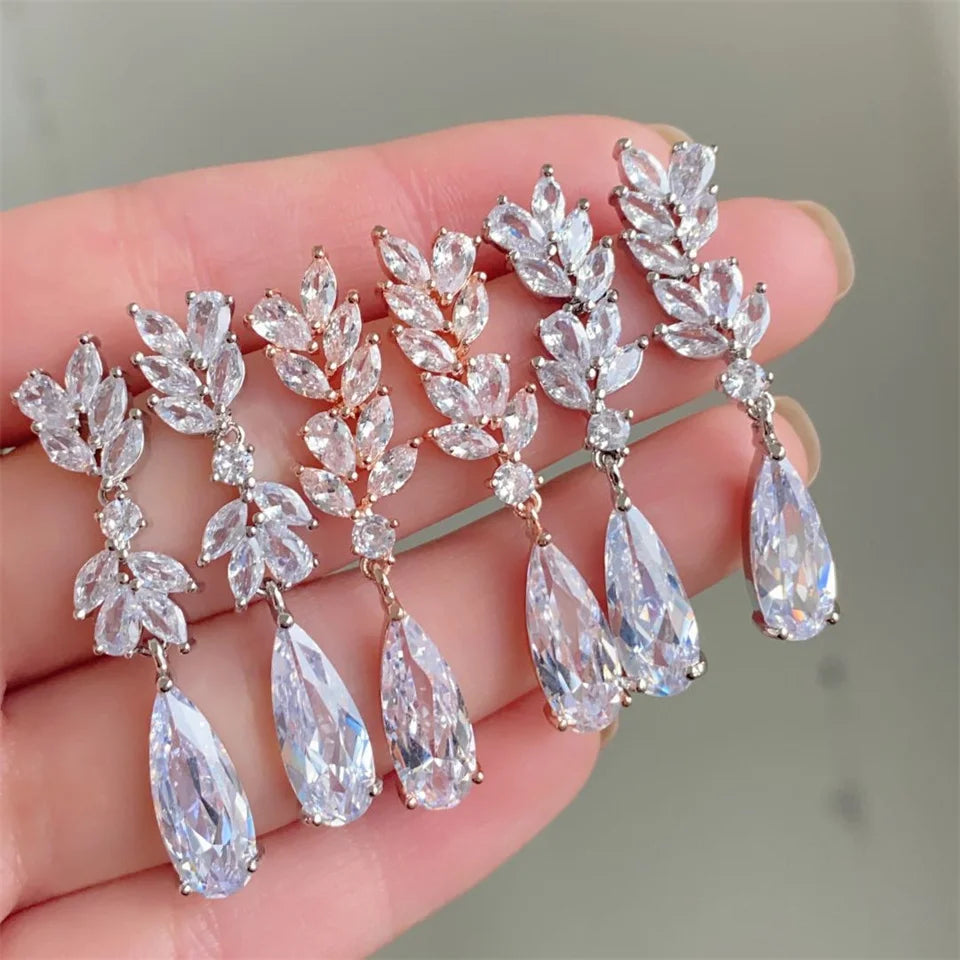 ZAKOL White Zircon Leaf Dangle Earrings for Women Shinny Water Drop Crystal Flower Pendant Earring Bridal Wedding Jewelry