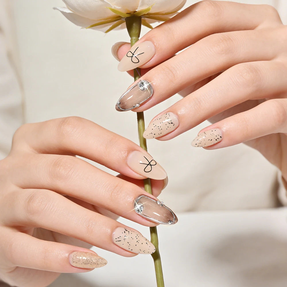 24Pcs Almond Bow Design Press on Nails French Silver Border Stripe False Nails with Pearl Shiny Rhinestone Full Cover Fake Nails