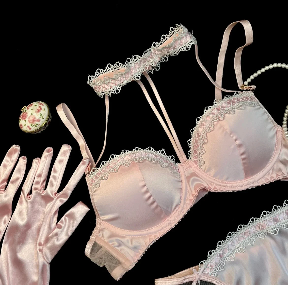 MOYISU Method Pearl Powder Bra Set Lace Halter Neck Design for Small Breasts Big Thick Cup Pure Desire Sexy Underwear for Women
