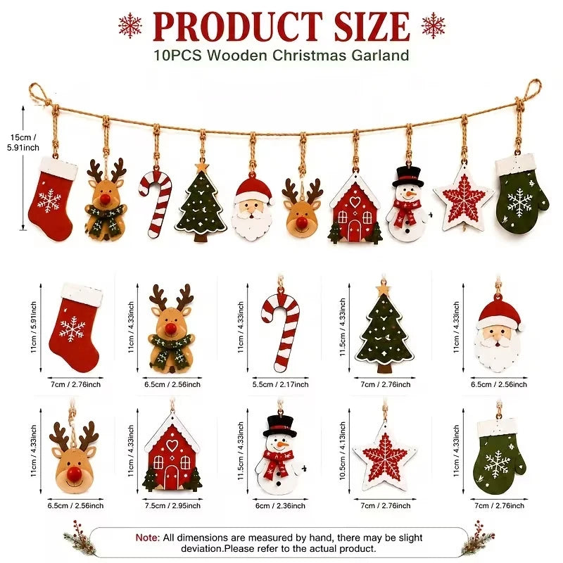 10Pcs Christmas Wooden Ornament Garland, Santa Snowman Reindeer Hanging Banner, Xmas Fireplace Wall Mantel Decorations