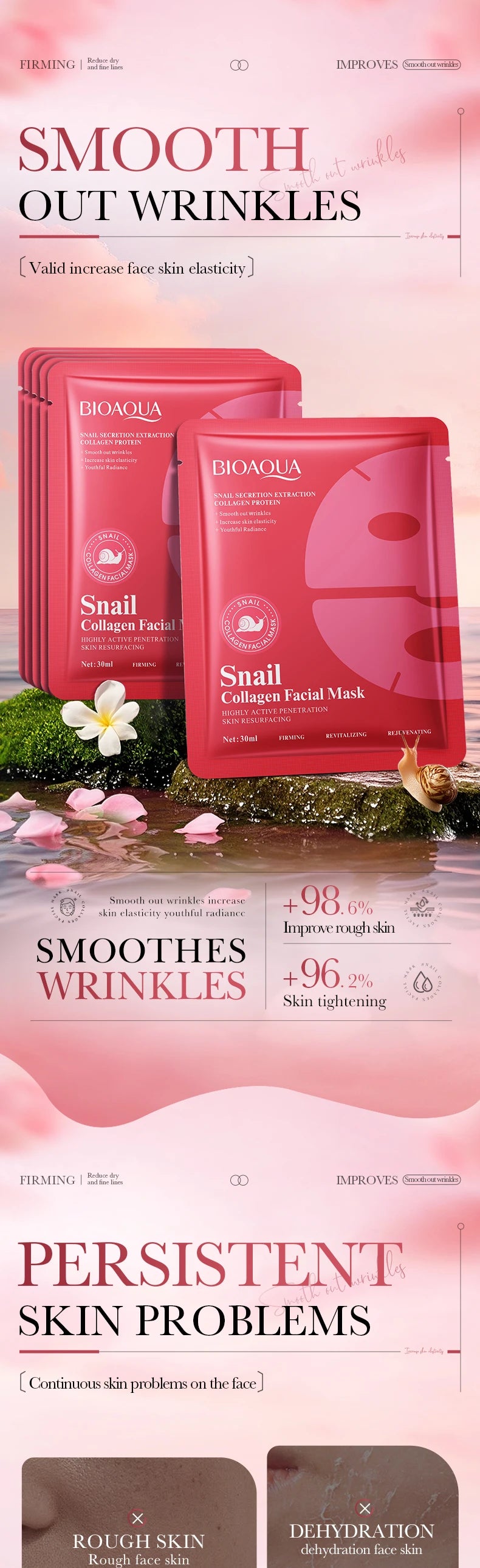 5pcs BIOAQUA Snal Collagen Facial Masks Moisturizing Anti-Wrinkle Whitening Anti-Aging Face Mask Collagen Masks Skin Care