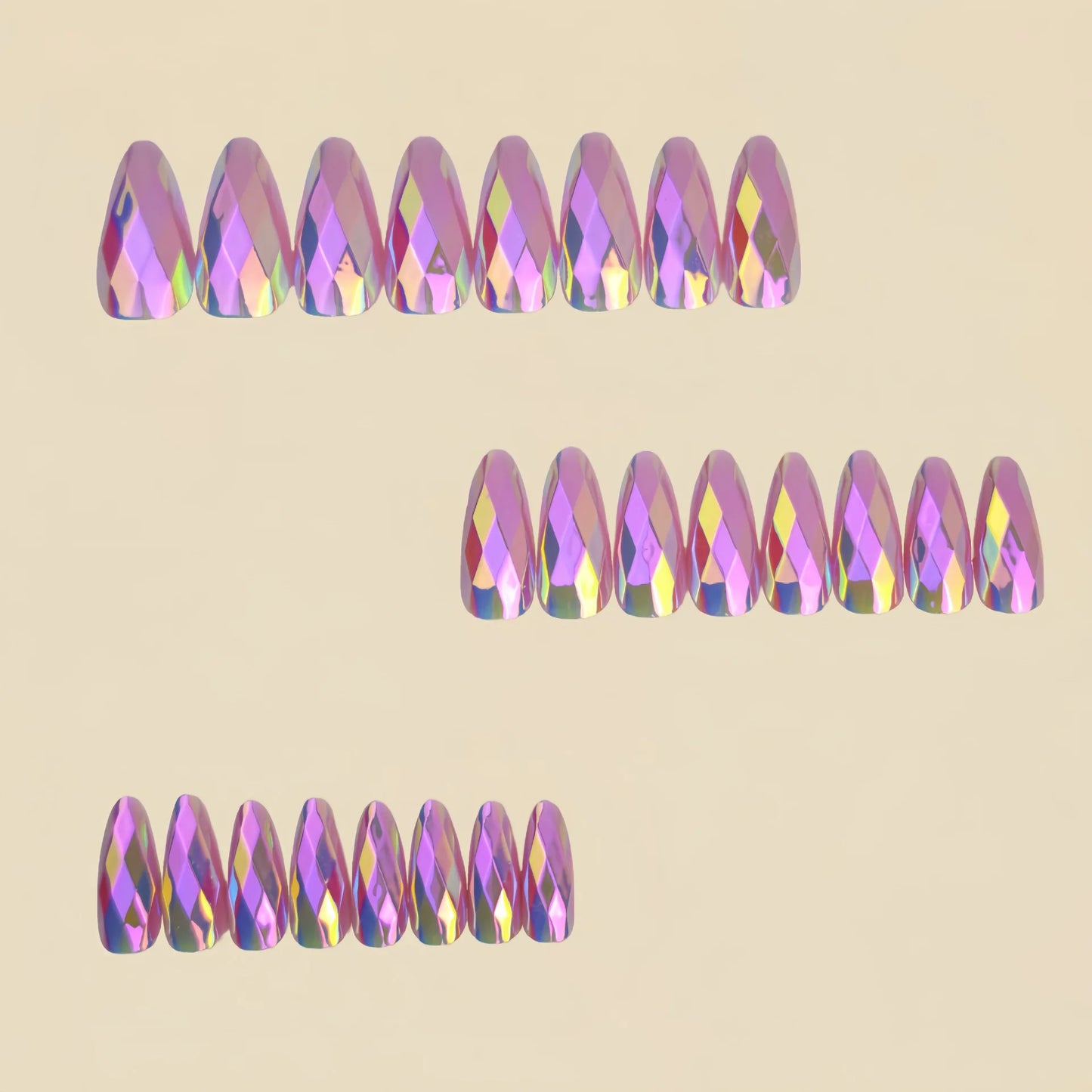 Medium fake nails for women girl glossy Metallic Holographic Plated 3D rhombus design dark blue pink press on acrylic false nail