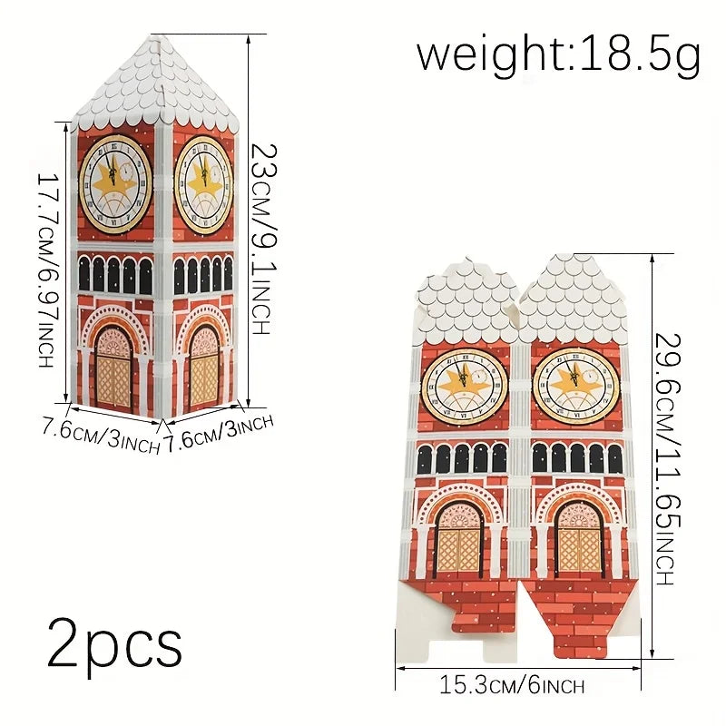 24pcs Christmas Village Paper Gift Boxes, House And Clock Tower Shaped Xmas Decorative Gift Containers,for Christmas Party Decor