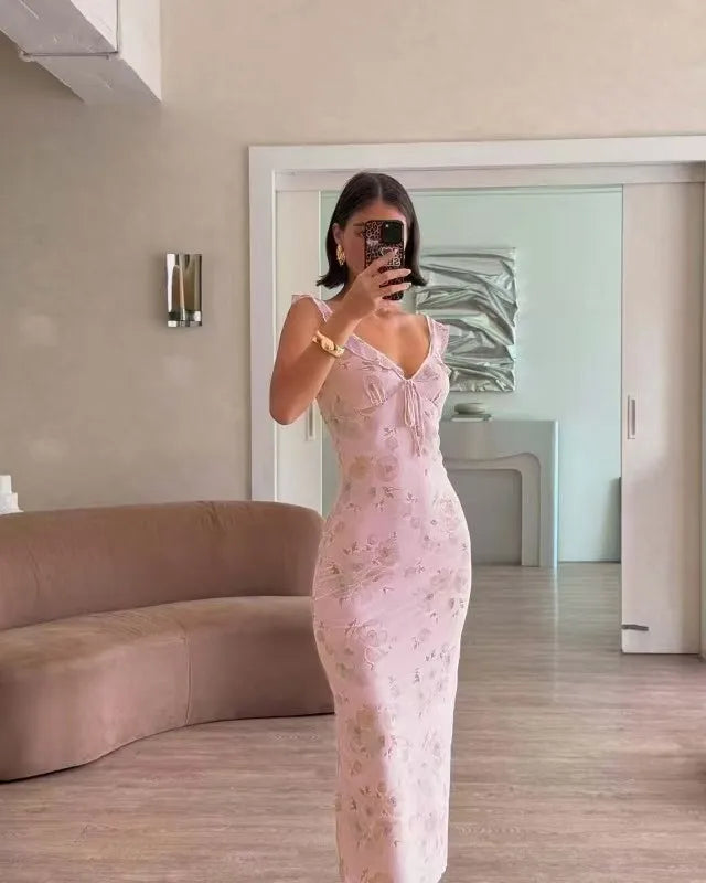 Elegant Summer Print Floral Dress Women V-neck Slim Ruffles Sleeveless Backless Long Dresses 2026 Beach Vacation Lady Vestidos