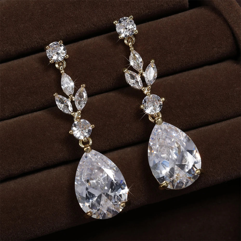 ZAKOL Fashion Trendy Water Drop AAA Cubic Zircon Leaf Dangle Earrings Shining Clear CZ Elegant Bridal Earring Jewelry
