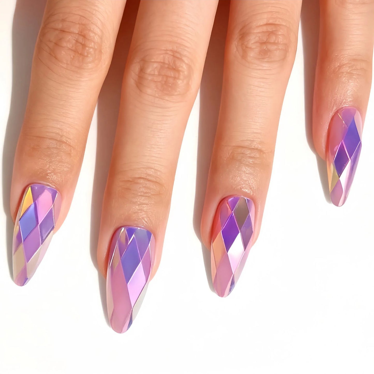 Medium fake nails for women girl glossy Metallic Holographic Plated 3D rhombus design dark blue pink press on acrylic false nail