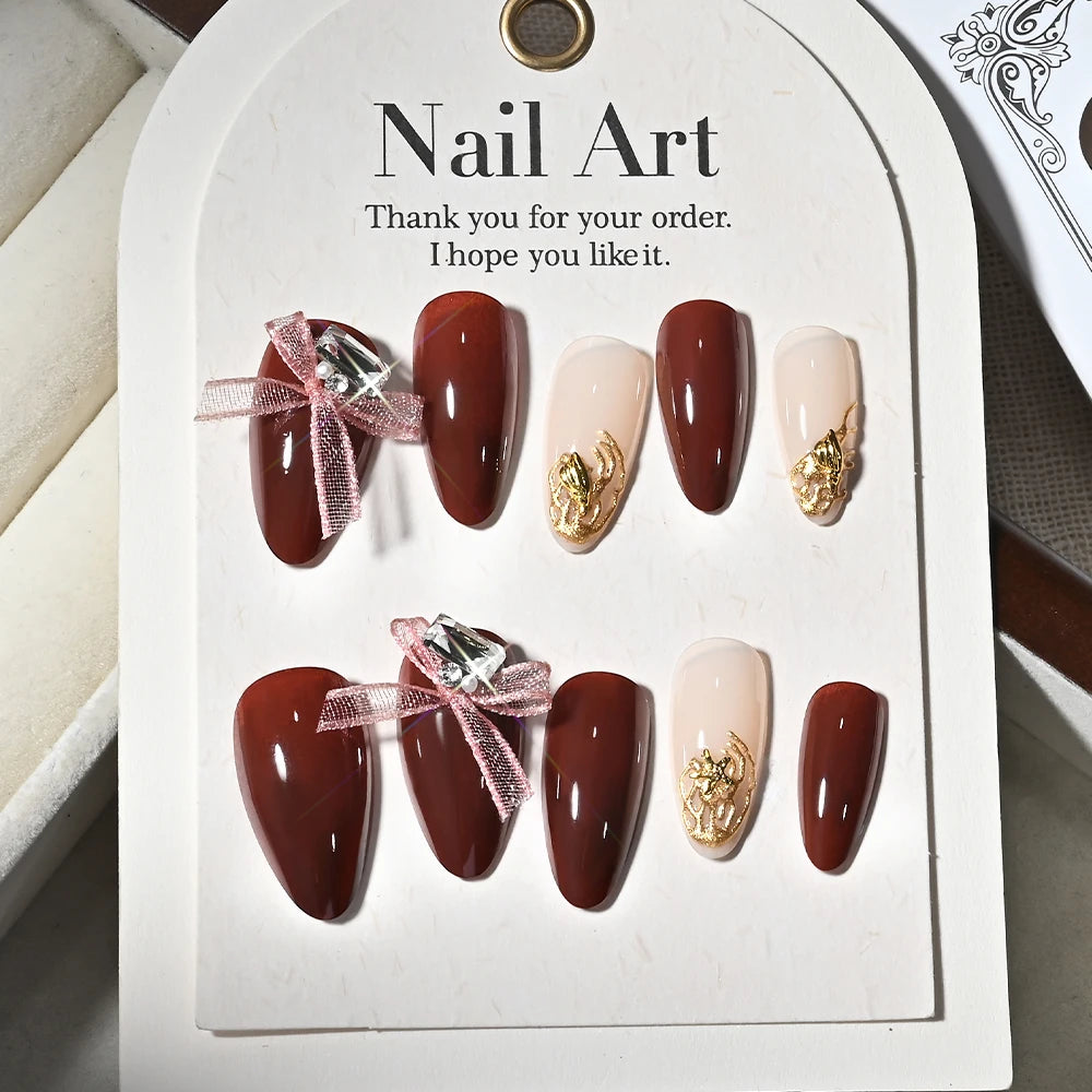 24Pcs Lace Bow Wearable Press on Nails with Diamond Design Red Medium Almond False Nails for Women Full Cover Fake Nail Tips