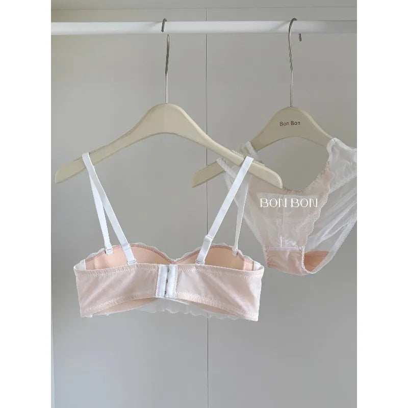 Women's French Lace Bra & Briefs Set Sexy Semi Cup Push Up Small Bust Support Enhance Comfort Lightweight Bralette Free Shipping