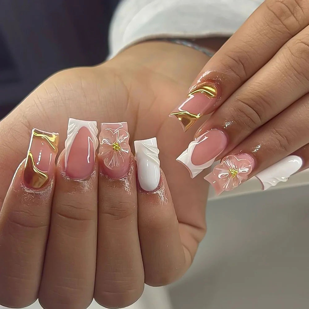 24Pcs Sweet Medium Square French False Nails Blush Pink Flower Full Cover Fake Nails Extension Acrylic Wearable Press on Nails