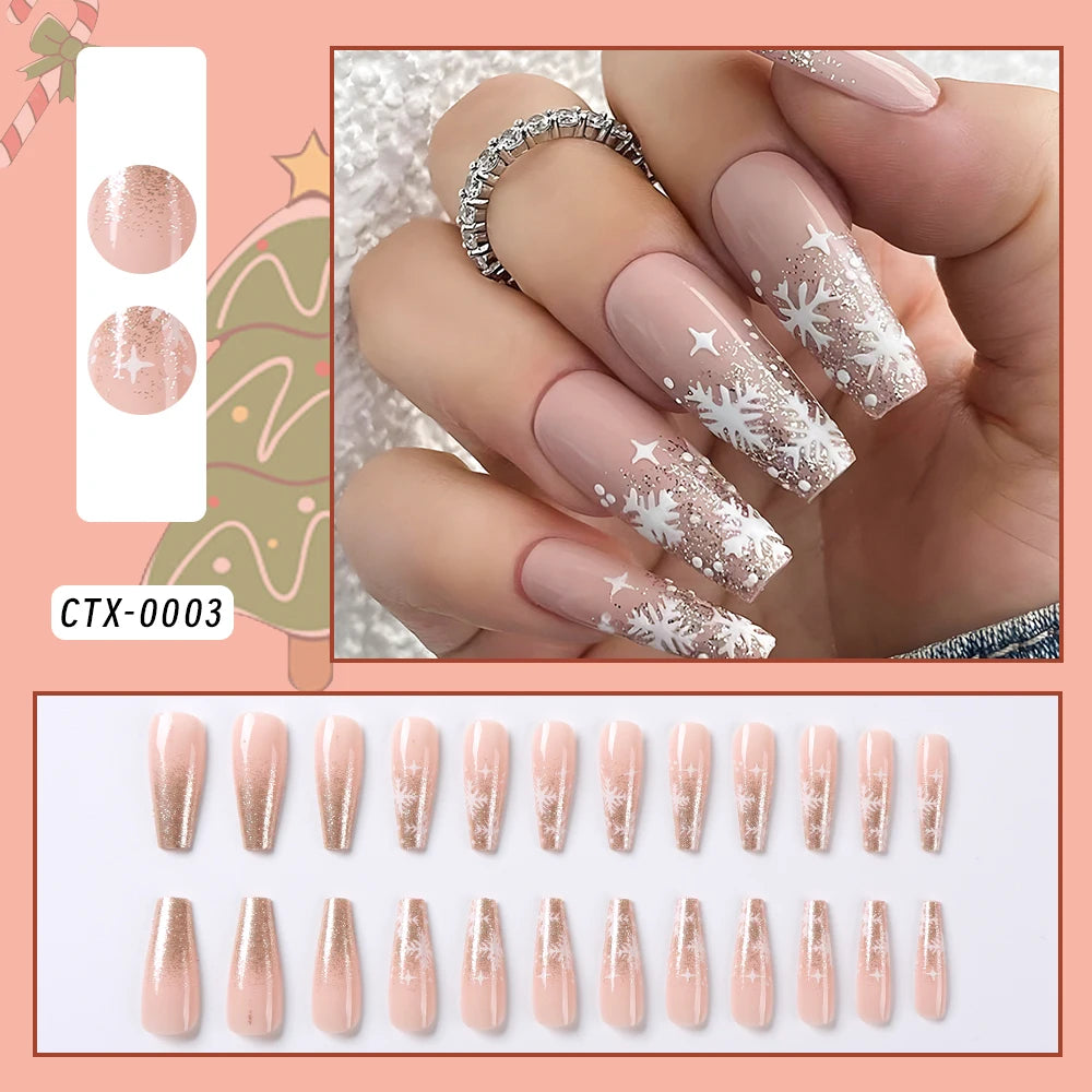 24Pcs Glitter powder French Christmas Fake Nails Almond Full Cover False Nails Snowflake with Bowknot Rhinestone Press On Nails
