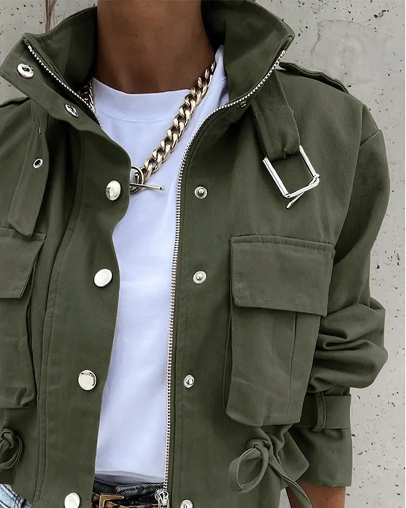 Women Cropped Cargo Jacket Stand Collar Zip Button Long Sleeve Coat Multi Pocket Drawstring Streetwear Casual Short Outerwear