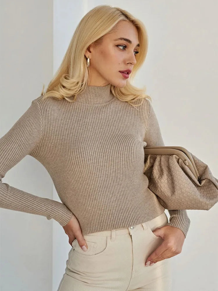 Women's Elegant Knitted Pullover Sweater Vintage Half High Neck Solid Tops Casual Slim Fit Sweaters Autumn Winter Basic Knitwear