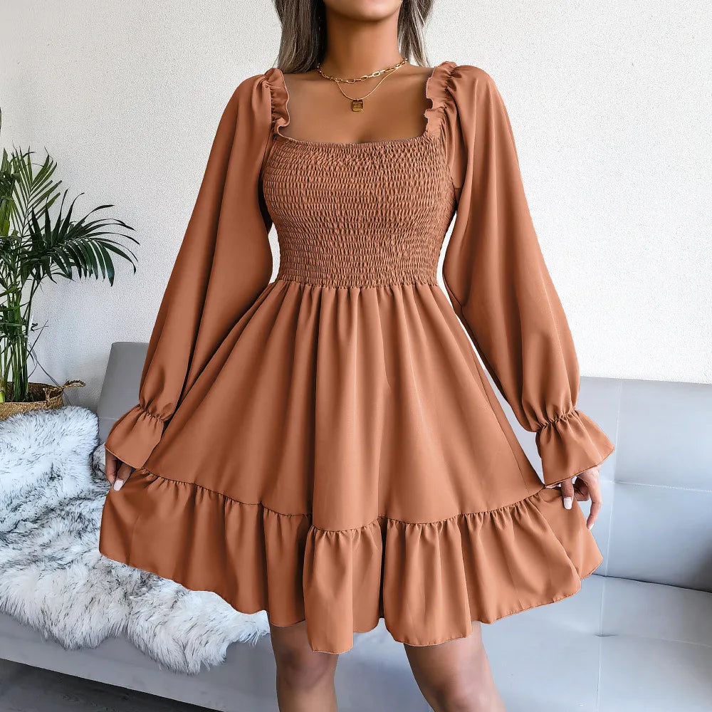 Spring Summer Casual Solid Color Square Neck Flared Long Sleeve Ruffled Dress Red Orange Green Black 2026 Fashion Woman Clothing