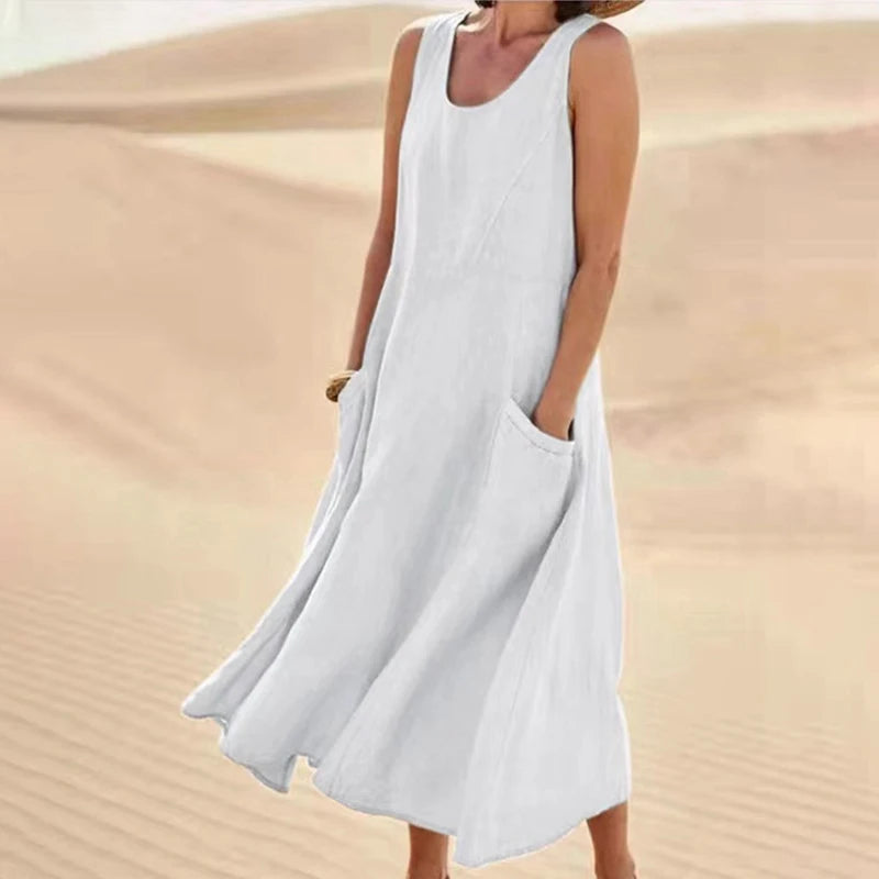 Women Casual Sleeveless A Line Dress with Pockets Vintage Hrajuku Loose Midi Length Maxi Dress Summer O Neck Cotton Linen Dress