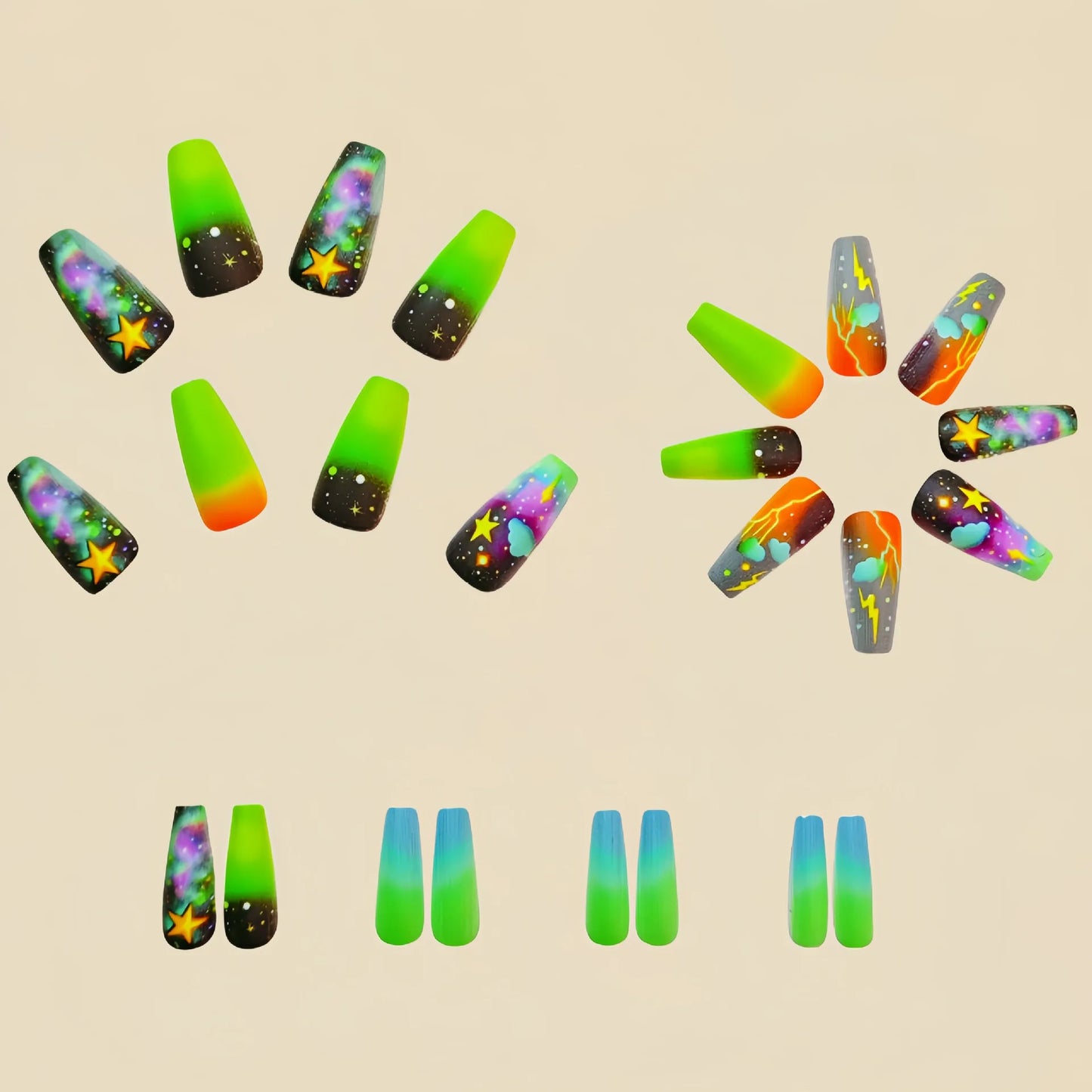 24pcs/set Medium fake nails for women girls gradient green blue cloud star lightning for summer full cover press on false nail