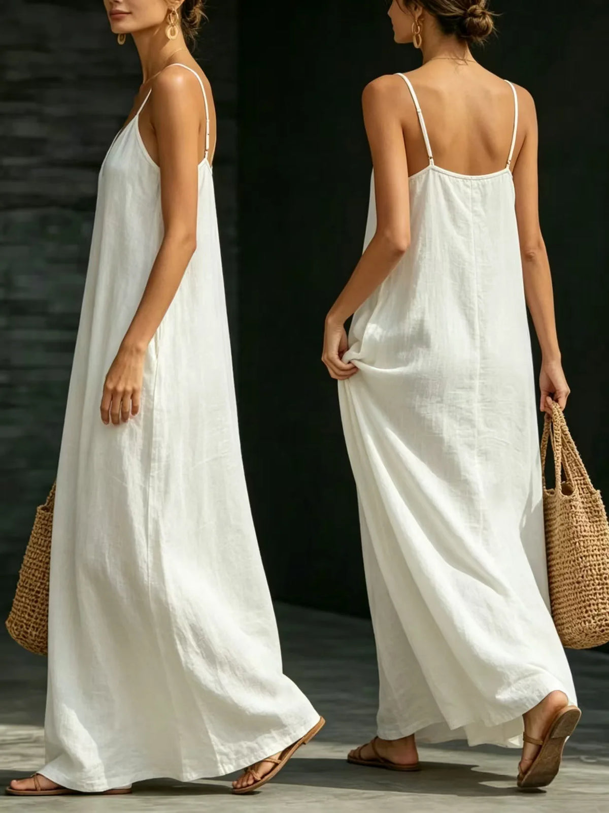 Women Linen Spaghetti Strap Maxi Dress V Neck Loose Swing Long Dress With Pockets Casual Summer Beach Vacation Sundress Ladies