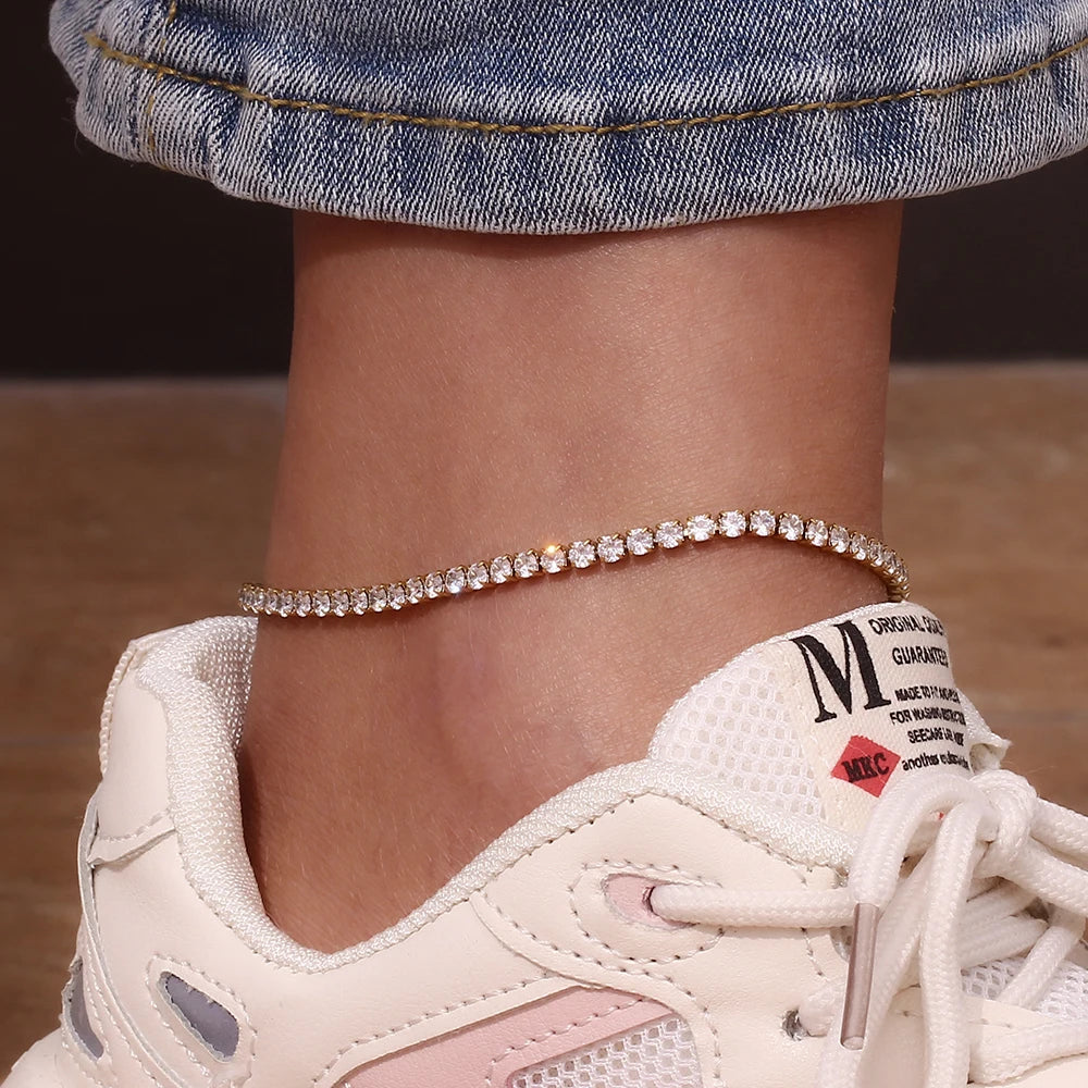 E.B.belle Blingbling Zircon Cubic Zirconia Tennis Chain Anklets Leg Bracelets For Woman Stainless Steel Bracelet On the Leg