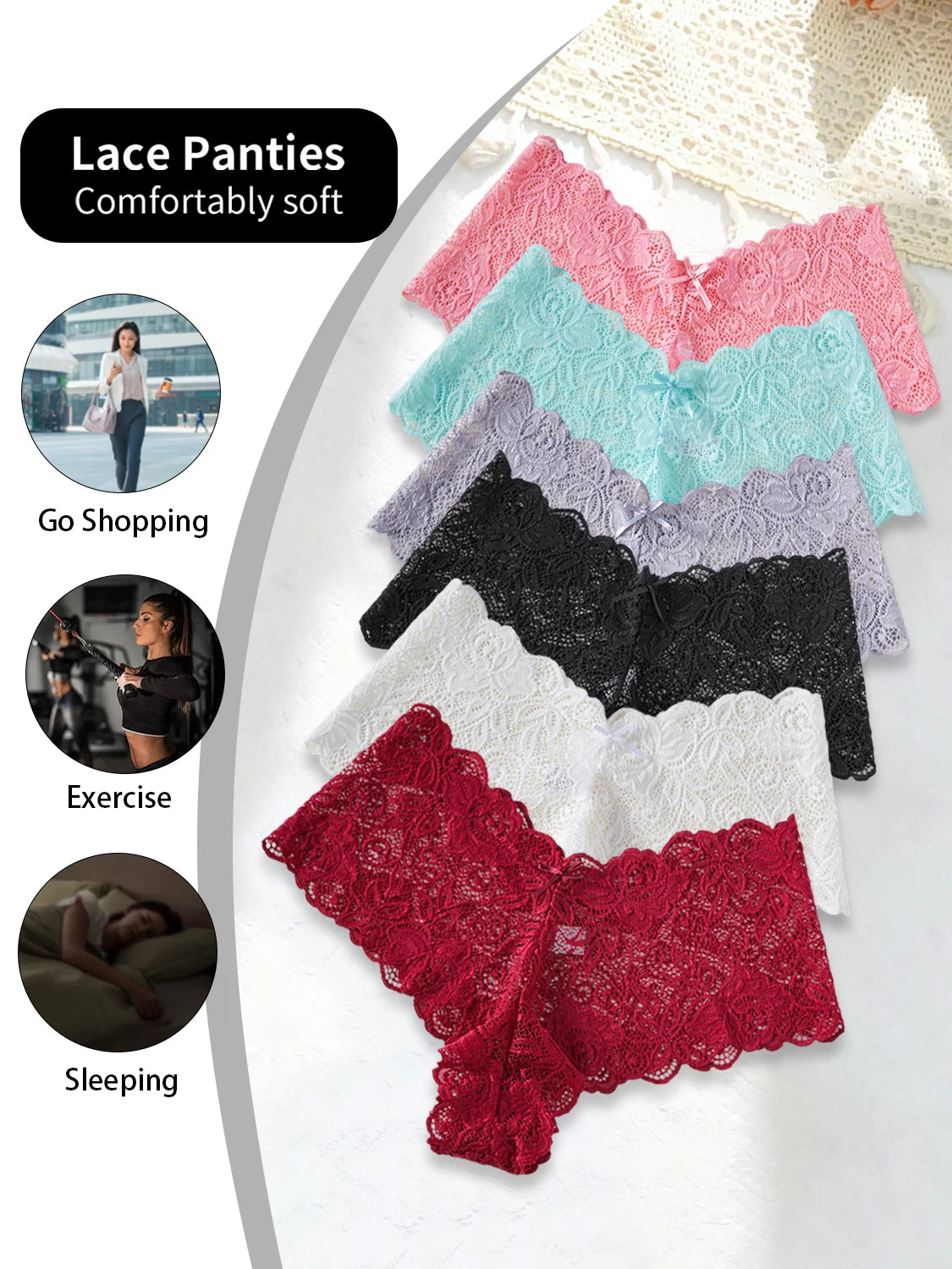 6PCS Women's Sexy Lace Underwear Solid Color V-Shape Low Waist Briefs Elegant Lace Floral Panties Fashion Breathable Lingerie