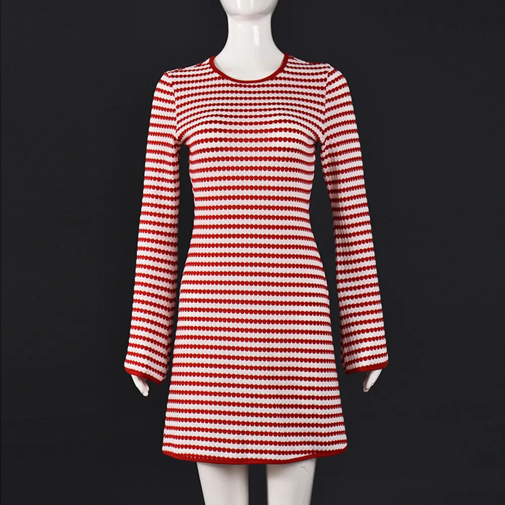 BKLD 2026 New Autumn Clothes Slim Fit Round Neck Long Sleeve Striped Dress For Women Sexy Club Outfits Red Party Dresses