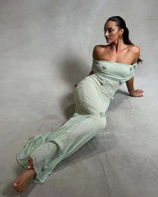 Elegant 3d Flower Off Shoulder Maxi Dress Sleeveless Perspective Pleated Slim Solid Color Robes 2026 Fashion Evening Party Gowns