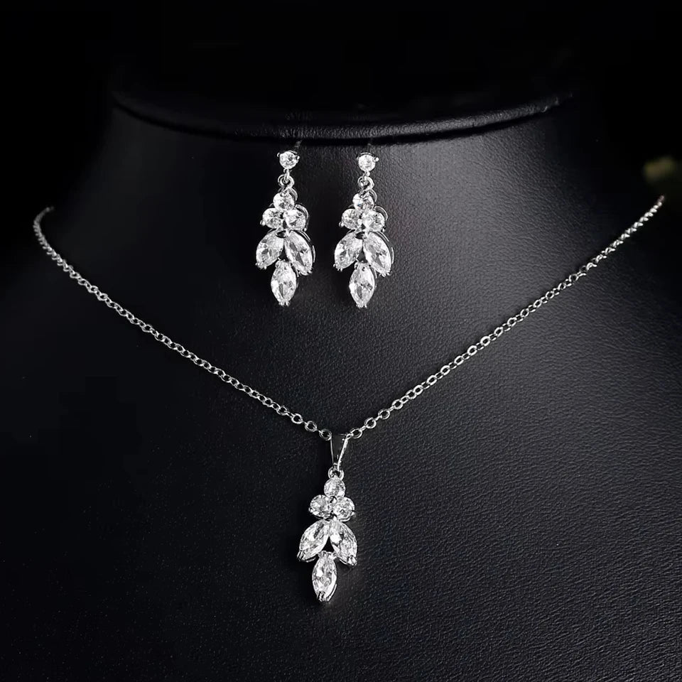 ZAKOL Classic AAA Cubic Zirconia Leaf Dangle Earrings&Necklace Set Sliver/Gold/Rose Gold Color Wedding Party Jewelry Accessories