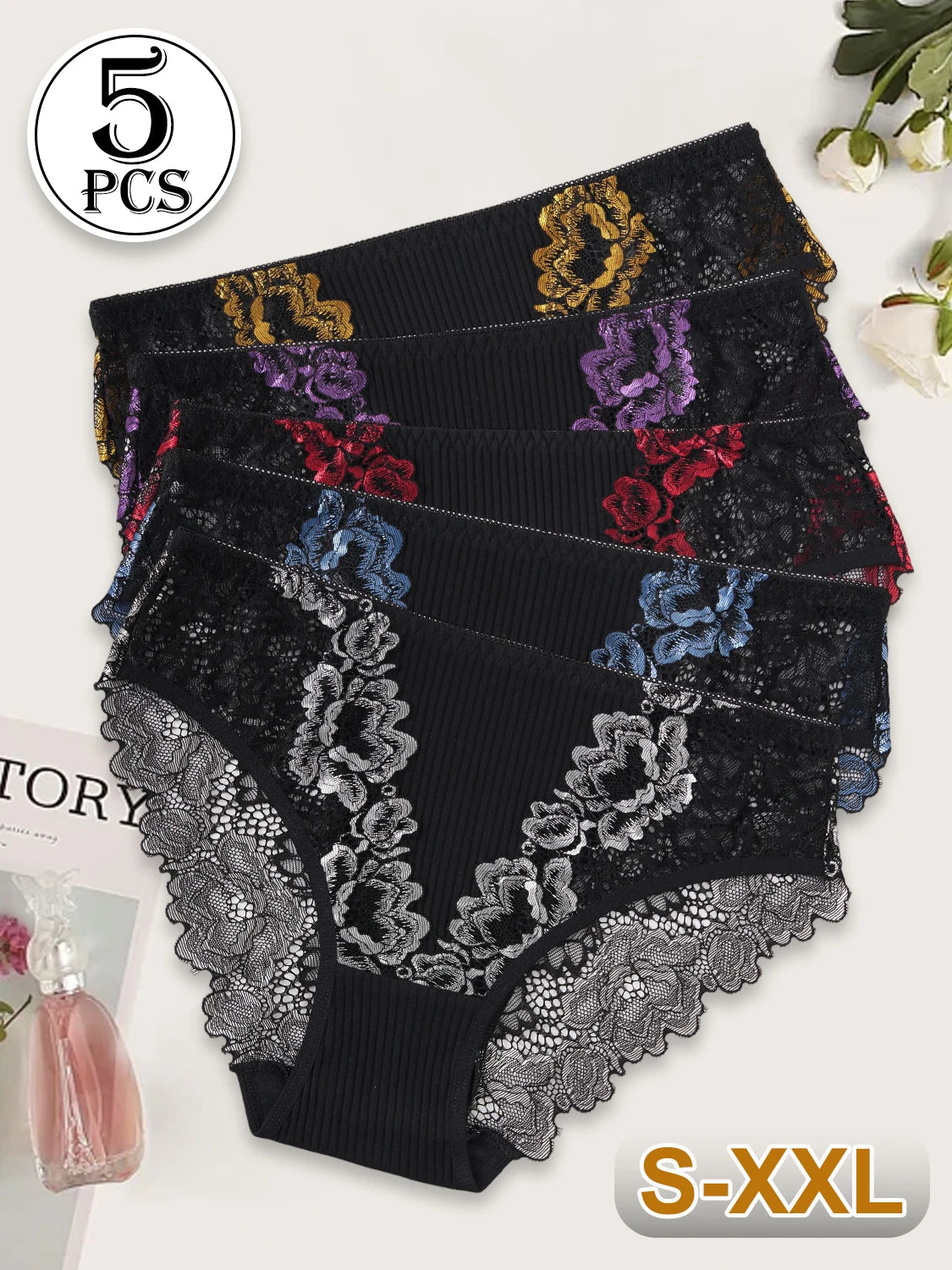 5PCS New Contrast Lace Panties Women Striped Cotton Breathable Underwear Elegant Lace Floral Sexy Briefs Mid-Rise Lingerie