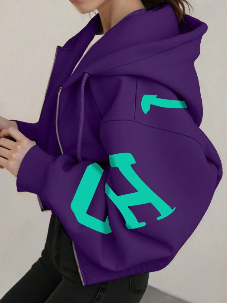 Women Y2K Crop Zip Up Hoodie Letter Print Oversized Long Sleeve Hooded Sweatshirt Casual Streetwear Short Jacket Outerwear