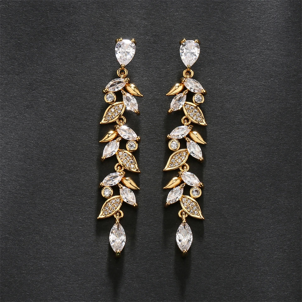 ZAKOL Fashion Cubic Zirconia Leaf Long Dangle Earrings for Elegant Women White Leaves Drop Earring Bridal Wedding Jewelry